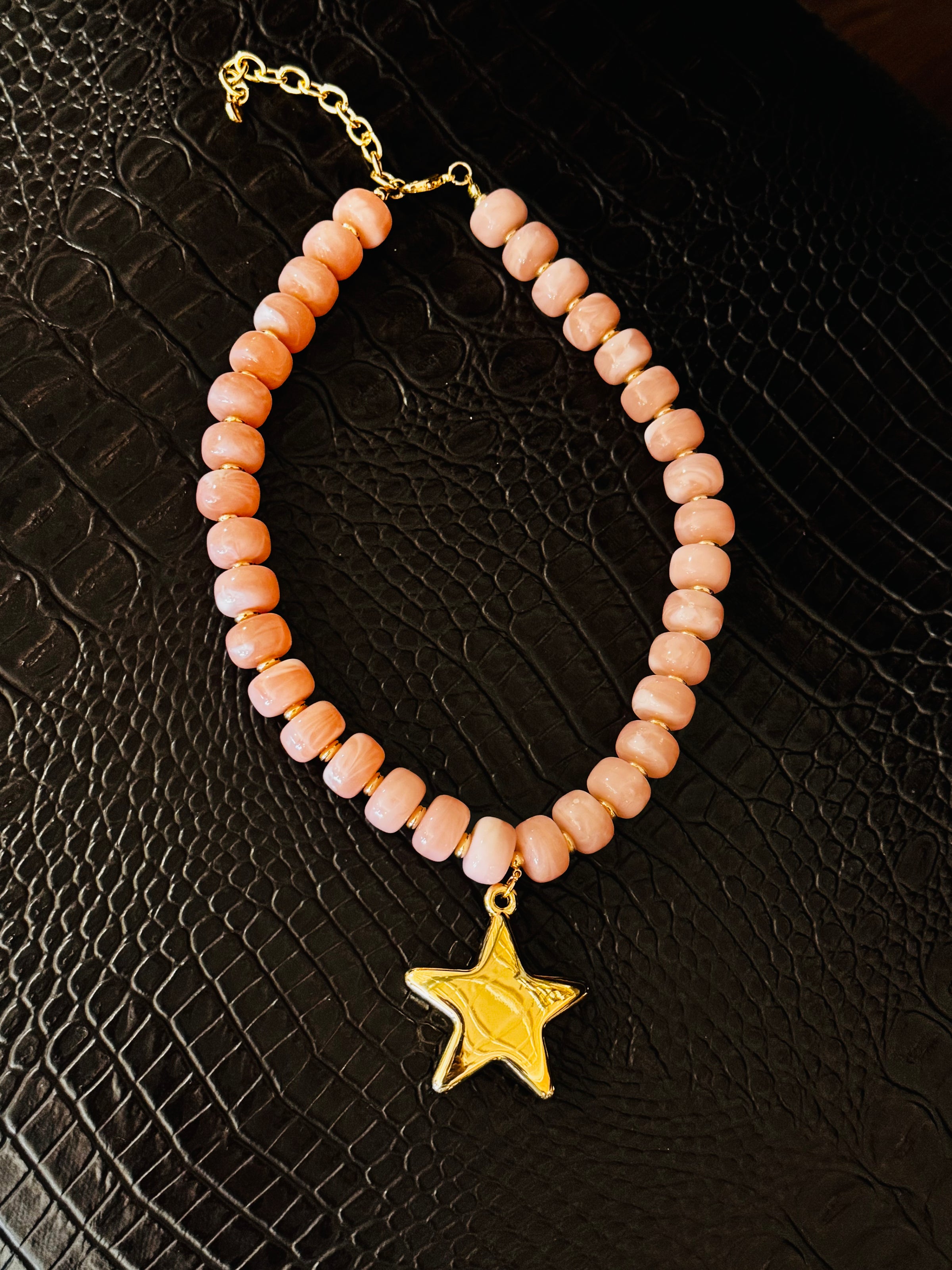 Peach Resin Oval Beaded Necklace with Gold Puffed Star Necklace