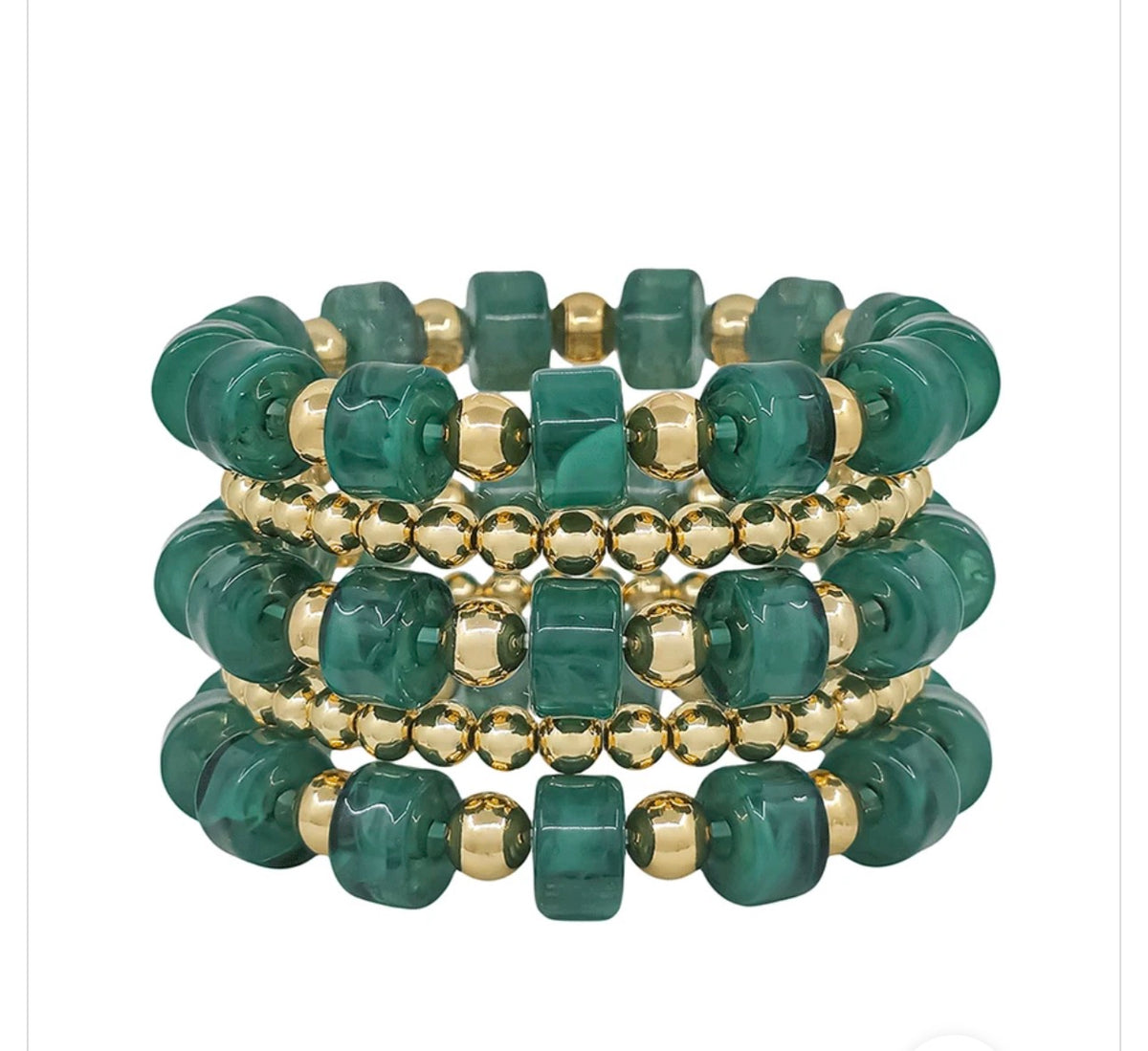 Everly 12mm Resin and Gold Beaded Stretch Bracelet Set - Emerald
