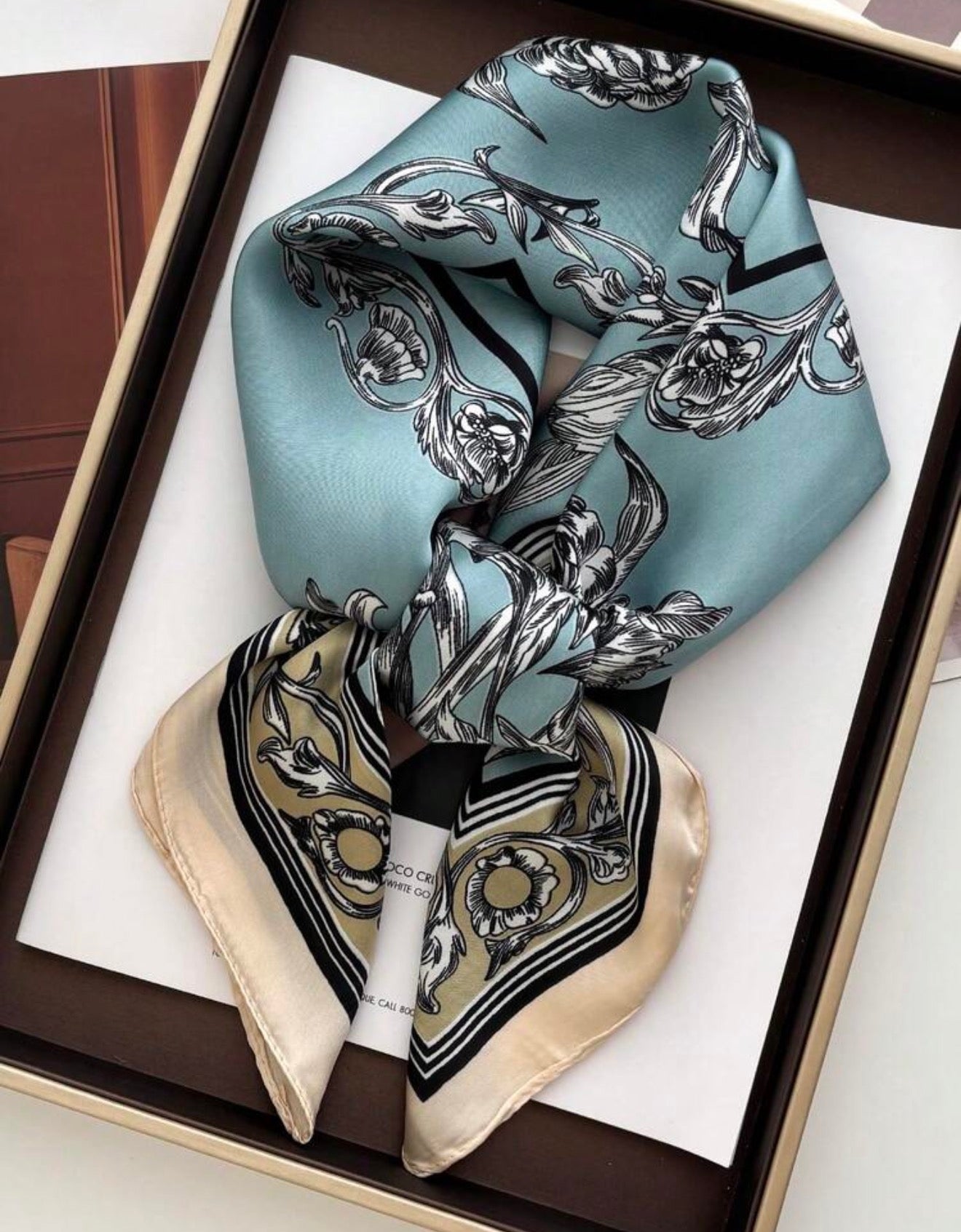 Gatsby Satin Detailed Floral Print Square Scarf