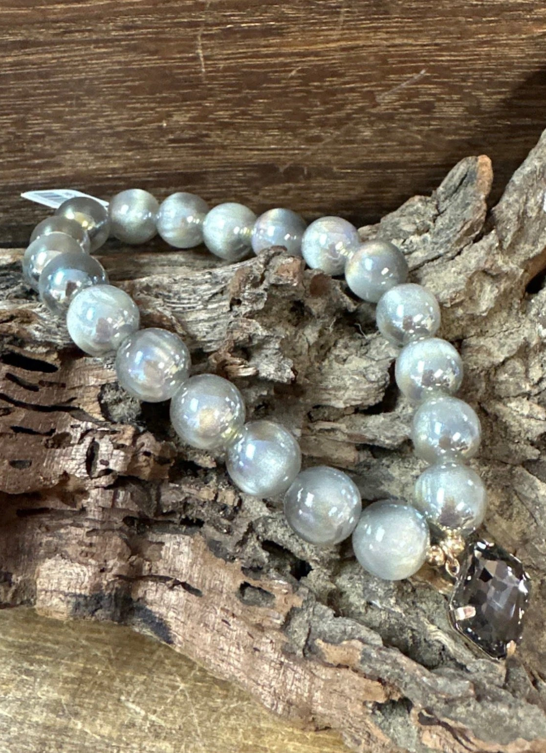 Shades of Grey Iridescent Stretch Bracelet with Charm