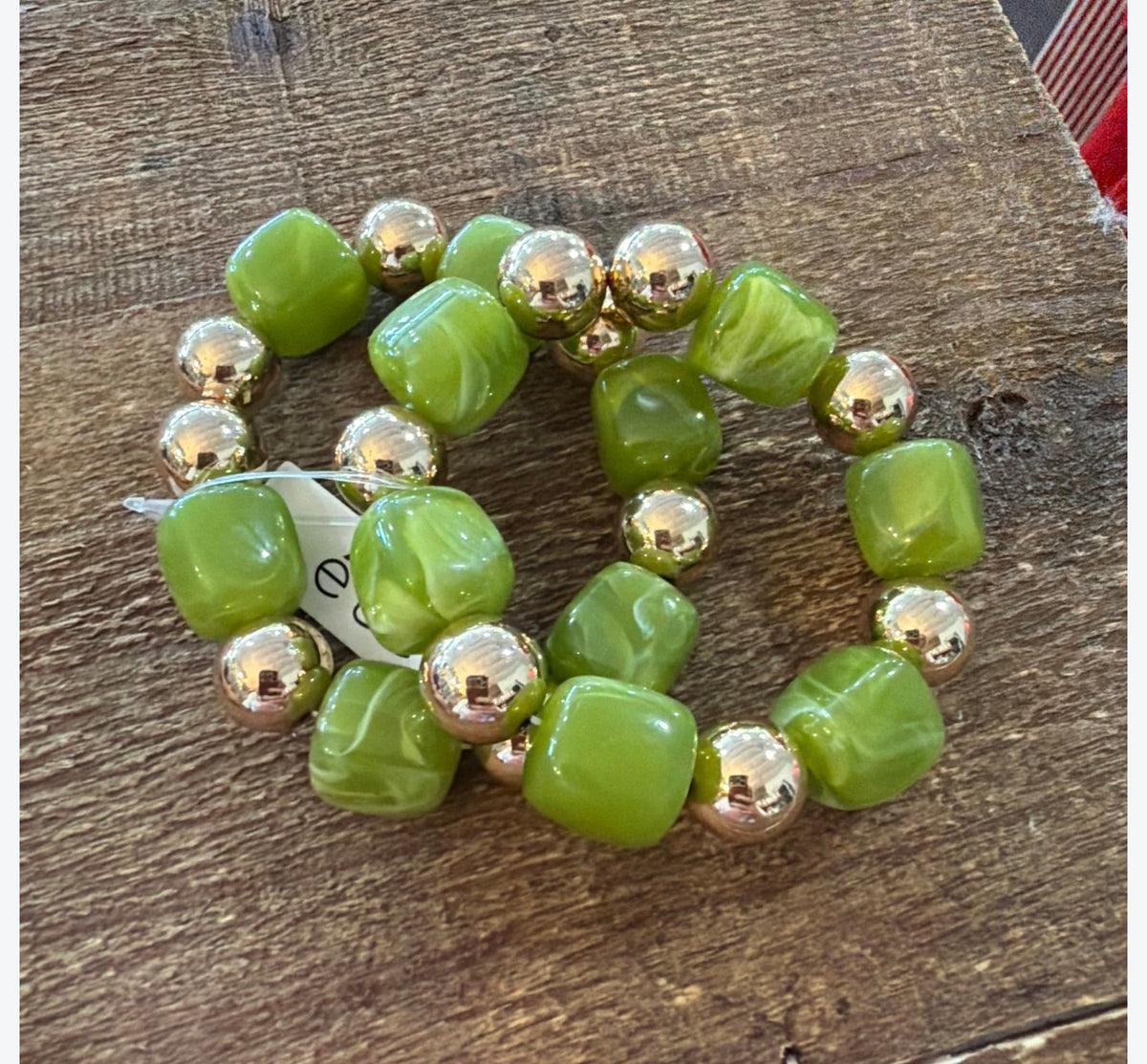 Olive Green Acrylic Luxe Beaded Stretch Bracelets - Set of 2