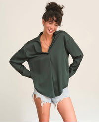 Call it How I See it Collared Satin Blouse - Dark Green