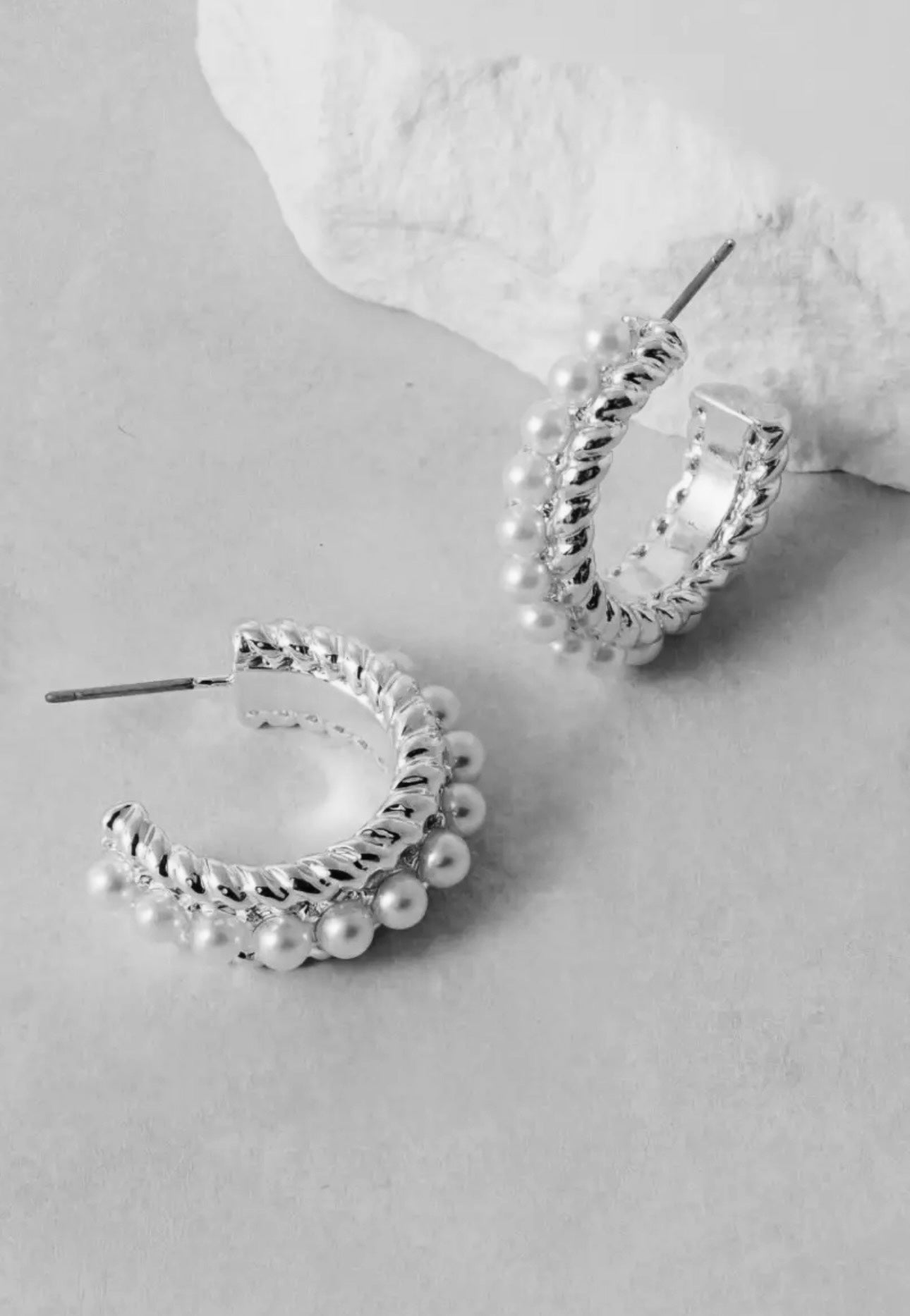 Twisted in Pearls Detailed Hoops - Silver