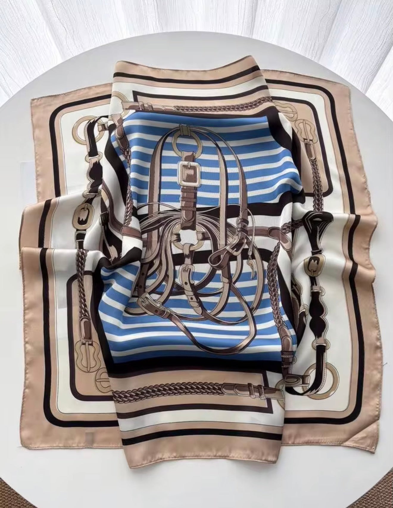 Bit of Blue Satin Detailed Print Square Scarf