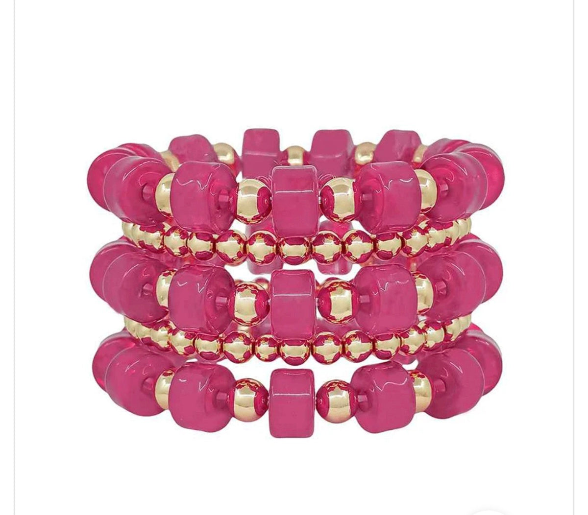 Everly 12mm Resin and Gold Beaded Stretch Bracelet Set - Fuchsia