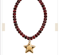 Resin Flat Barrell Beaded Necklace with Gold Puffed Star Necklace - Burgundy