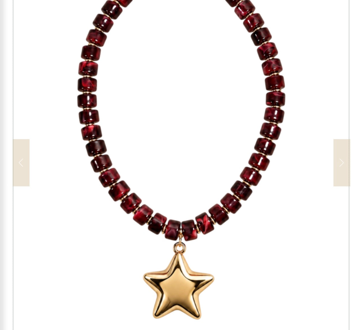Resin Flat Barrell Beaded Necklace with Gold Puffed Star Necklace - Burgundy