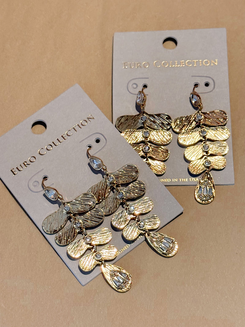Gilded Grace Golden Leaf Rhinestone Dangle Earrings
