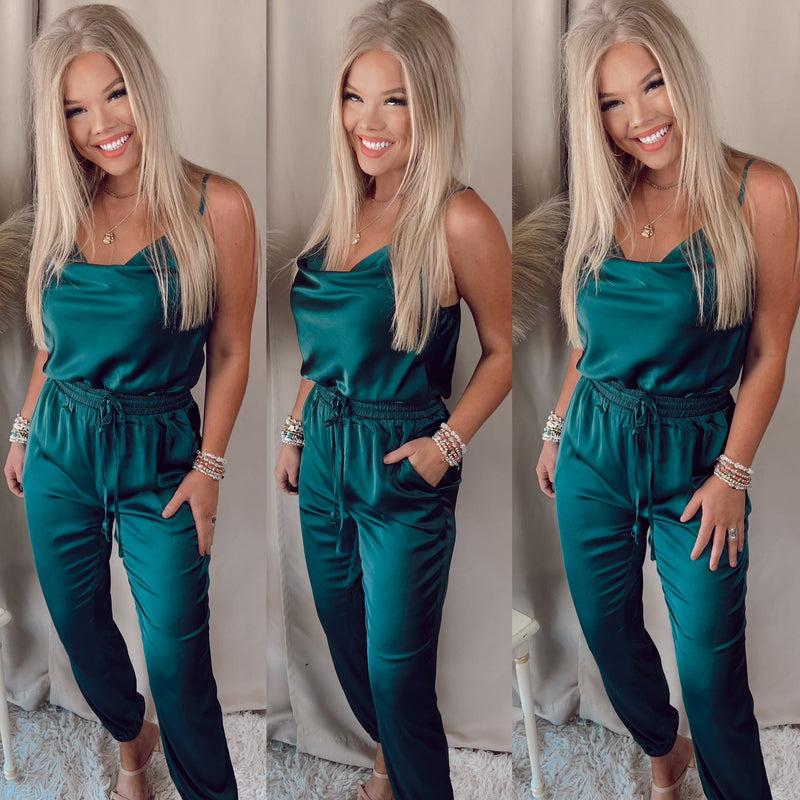 Havana Satin Cowl Neck Jumpsuit- Teal