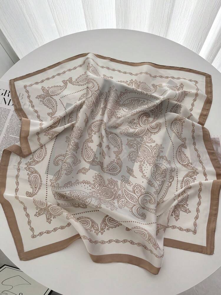 Neutral Satin Paisley Print Square Scarf