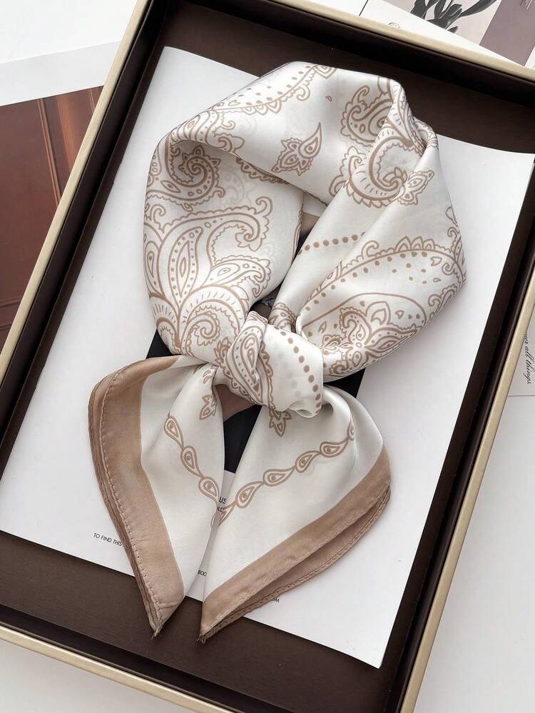 Neutral Satin Paisley Print Square Scarf