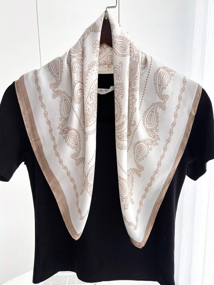 Neutral Satin Paisley Print Square Scarf