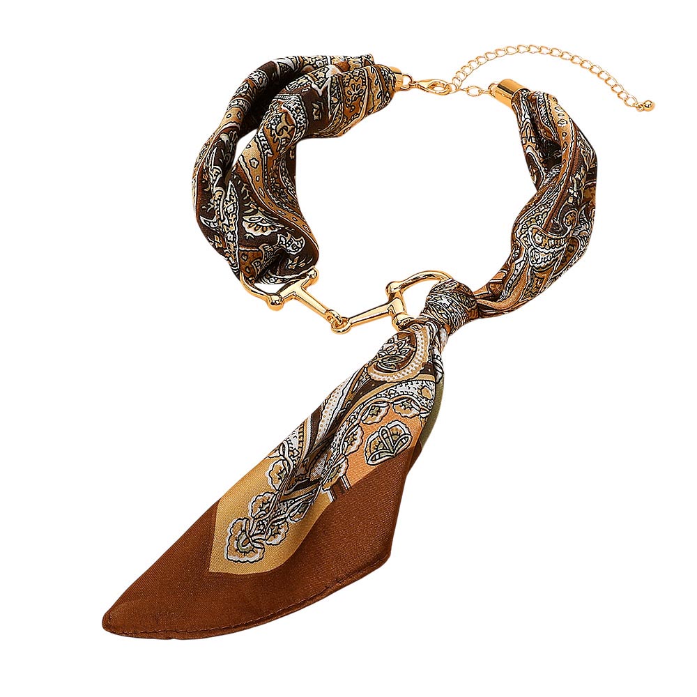 Espresso Detailed Print Scarf Necklace w/ Bit Charm