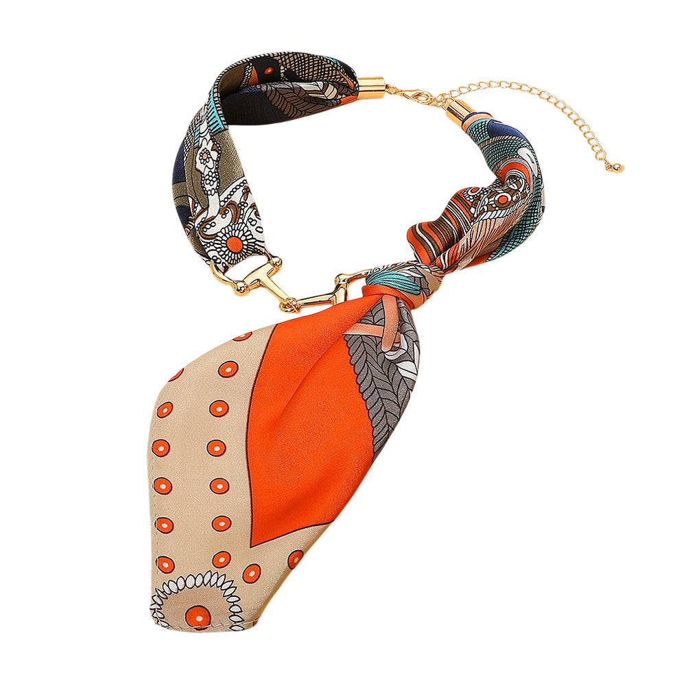 Terracotta Detailed Print Scarf Necklace w/ Bit Charm