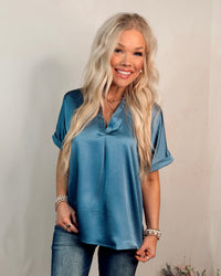 Simply Serene Satin V Neck Blouse - Slate Blue
