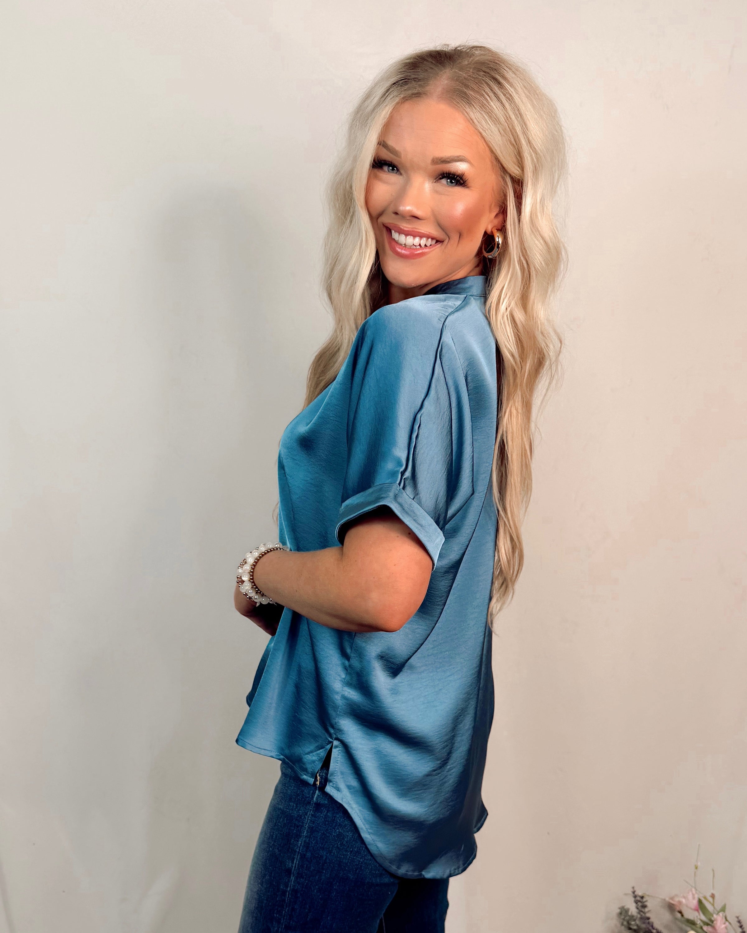 Simply Serene Satin V Neck Blouse - Slate Blue