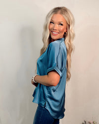 Simply Serene Satin V Neck Blouse - Slate Blue