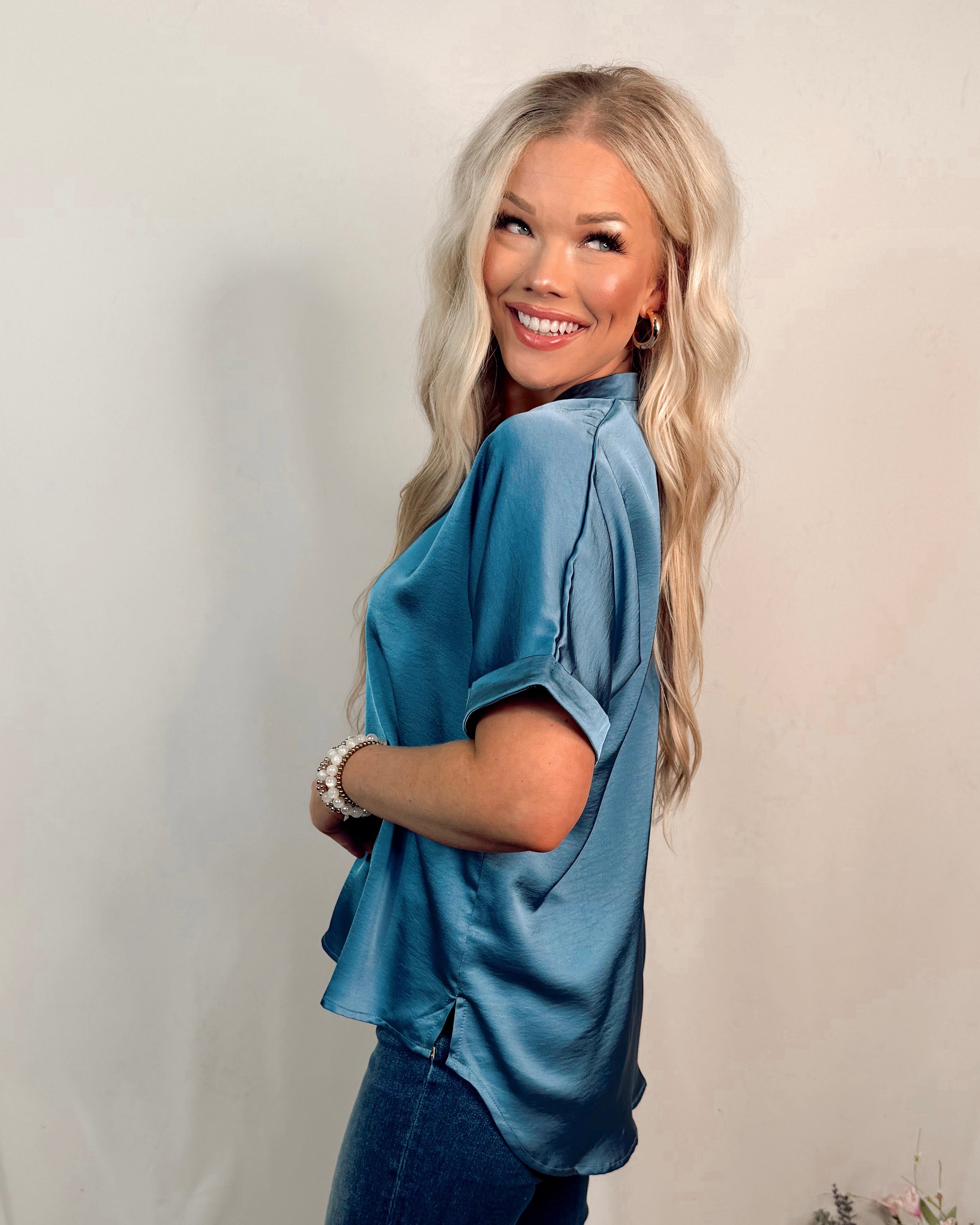 Simply Serene Satin V Neck Blouse - Slate Blue