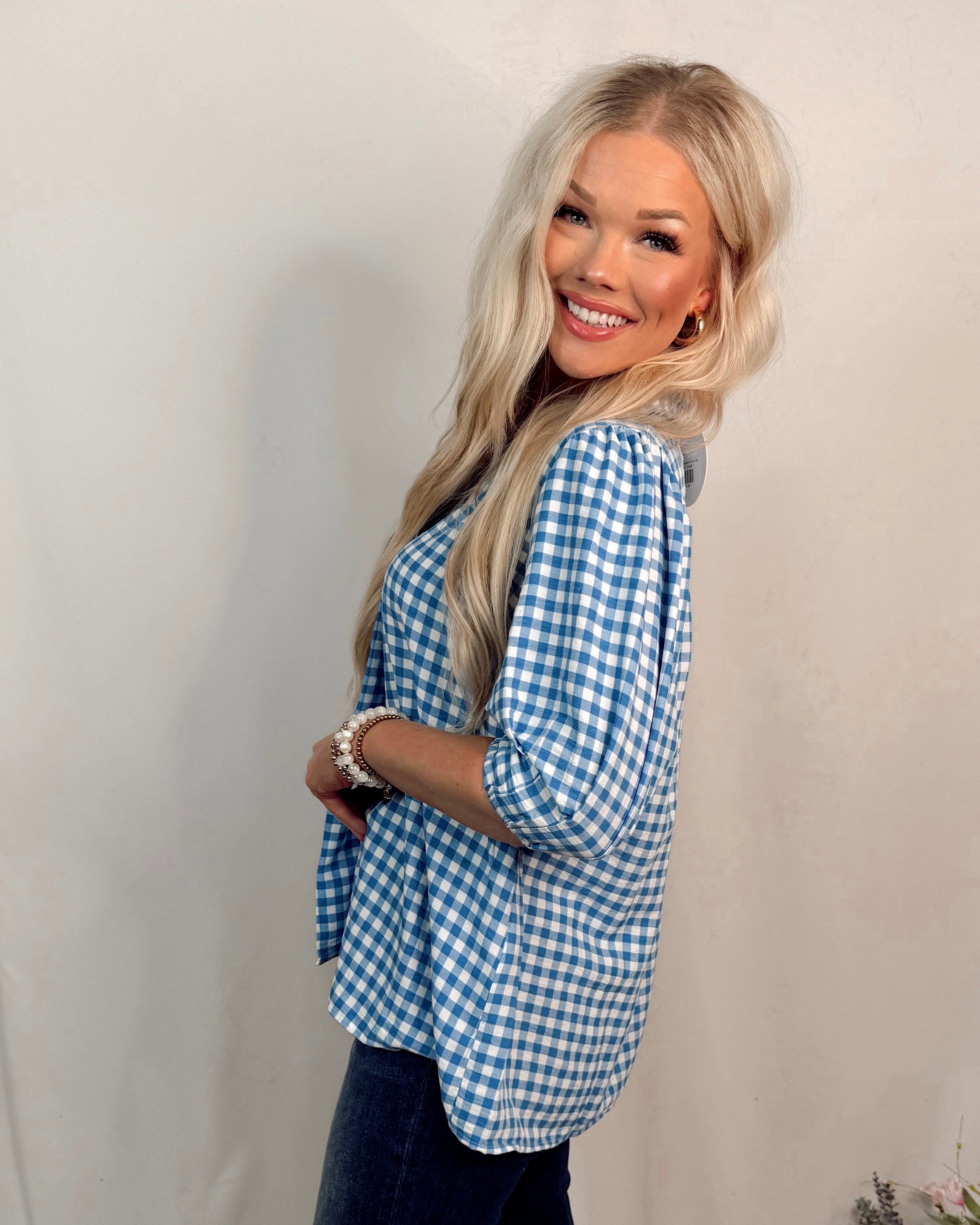 Coastal Calling Gingham Print Top - Blue