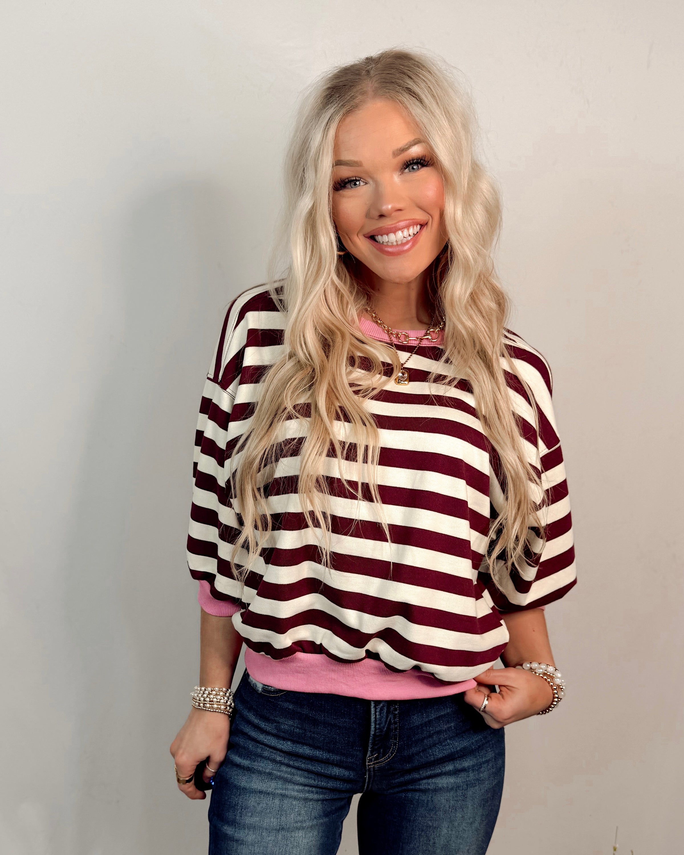 Cherry Soda Striped Knit Top - Burgundy