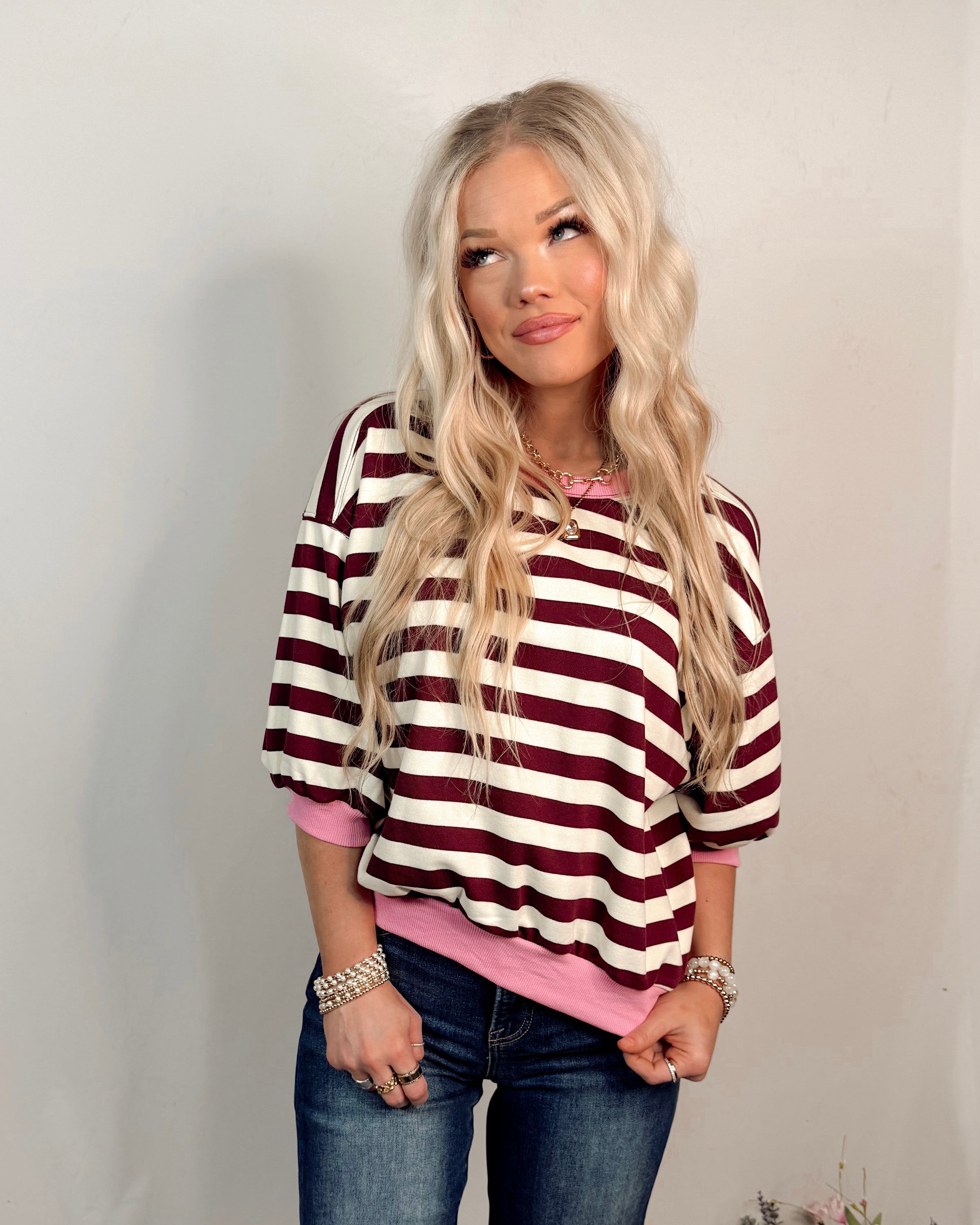 Cherry Soda Striped Knit Top - Burgundy