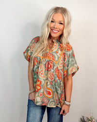 Solstice Bloom Paisley Print Top - Sage Mix