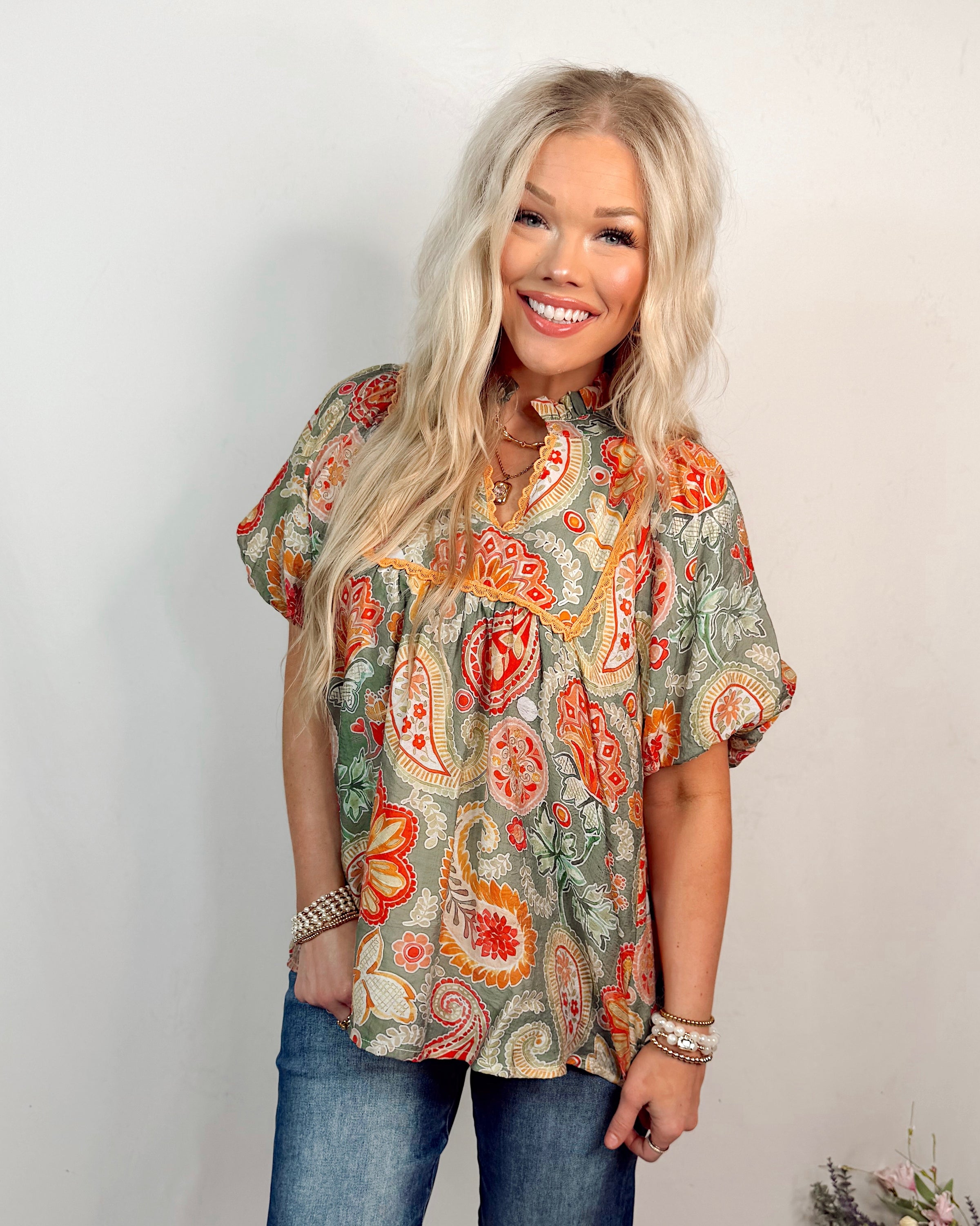 Solstice Bloom Paisley Print Top - Sage Mix