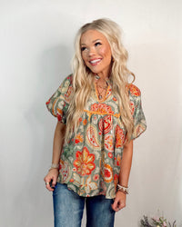 Solstice Bloom Paisley Print Top - Sage Mix