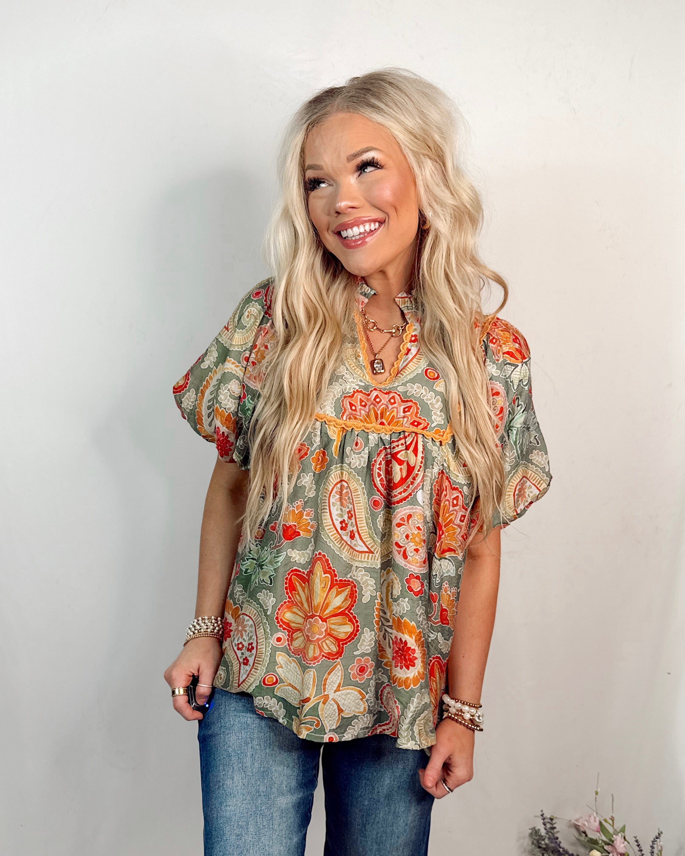 Solstice Bloom Paisley Print Top - Sage Mix