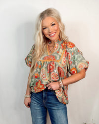 Solstice Bloom Paisley Print Top - Sage Mix