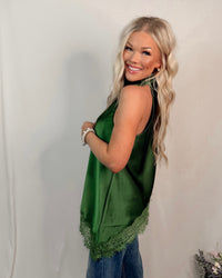 Emerald Affair Lace Trim Halter Top - Pine