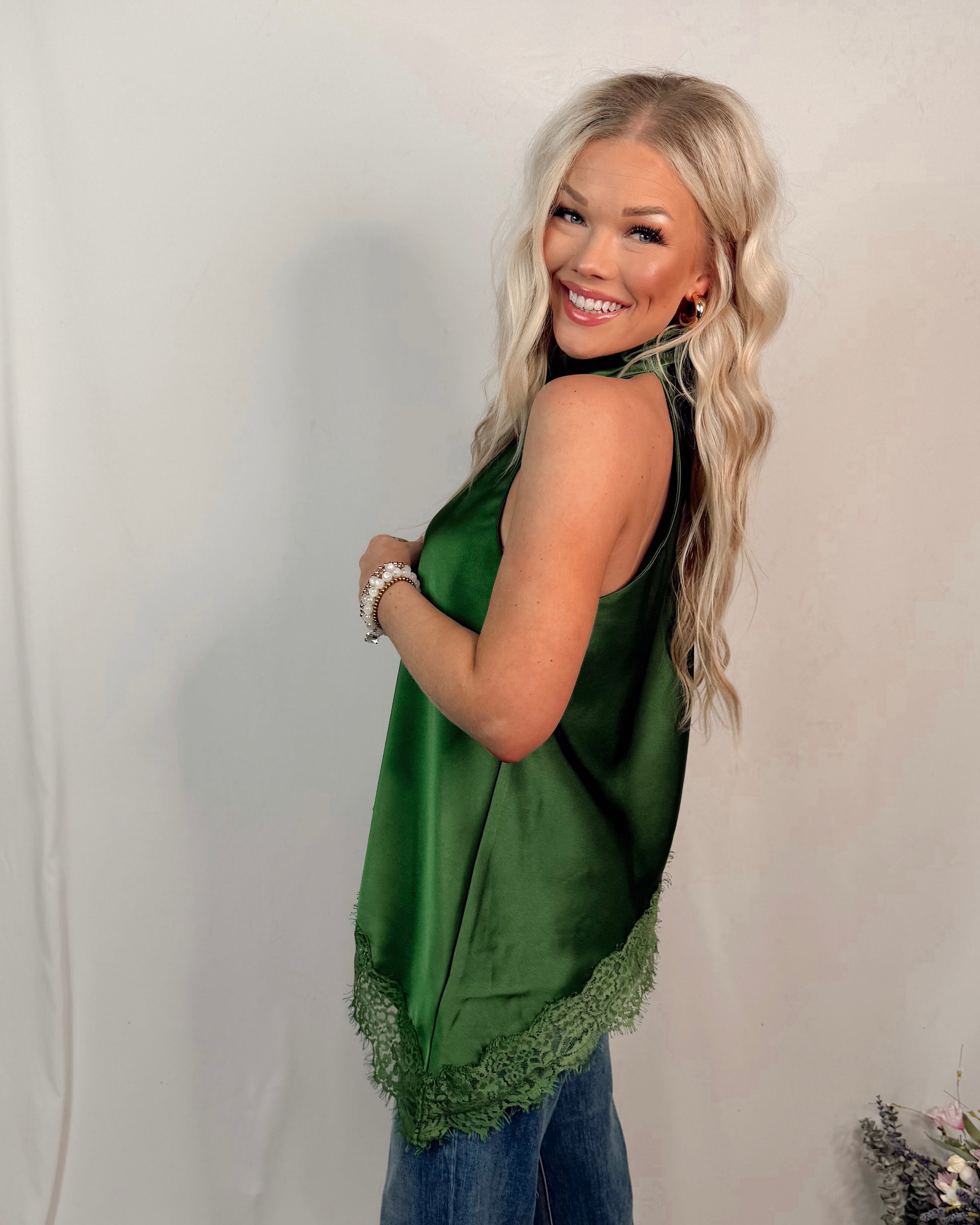 Emerald Affair Lace Trim Halter Top - Pine