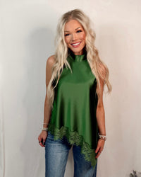 Emerald Affair Lace Trim Halter Top - Pine