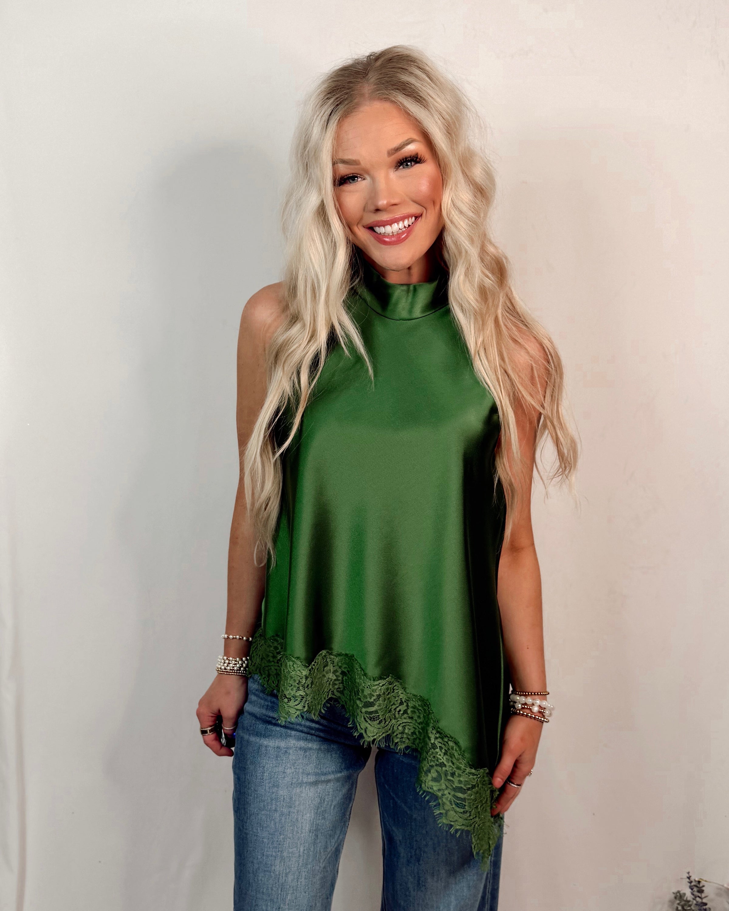 Emerald Affair Lace Trim Halter Top - Pine
