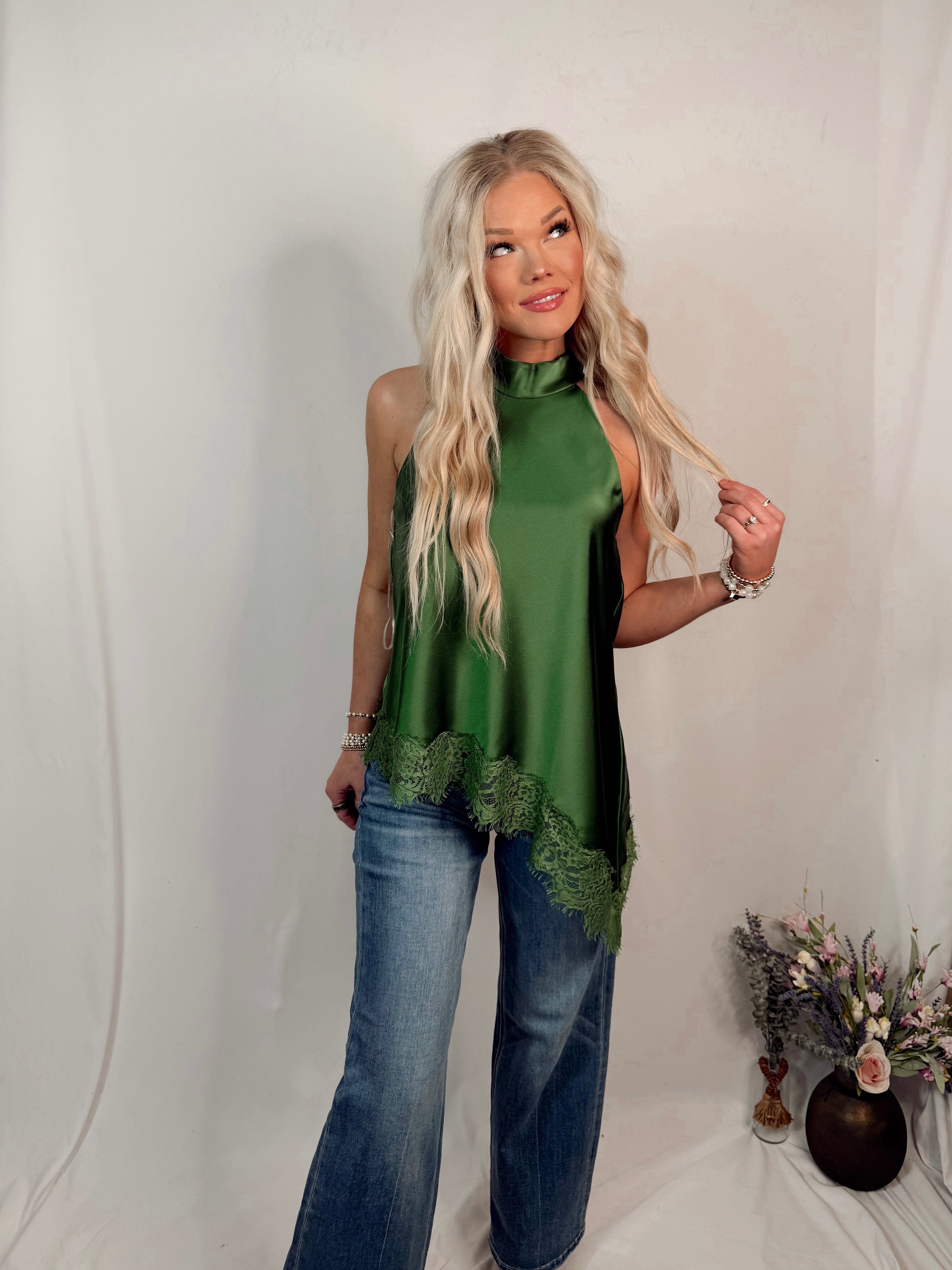 Emerald Affair Lace Trim Halter Top - Pine
