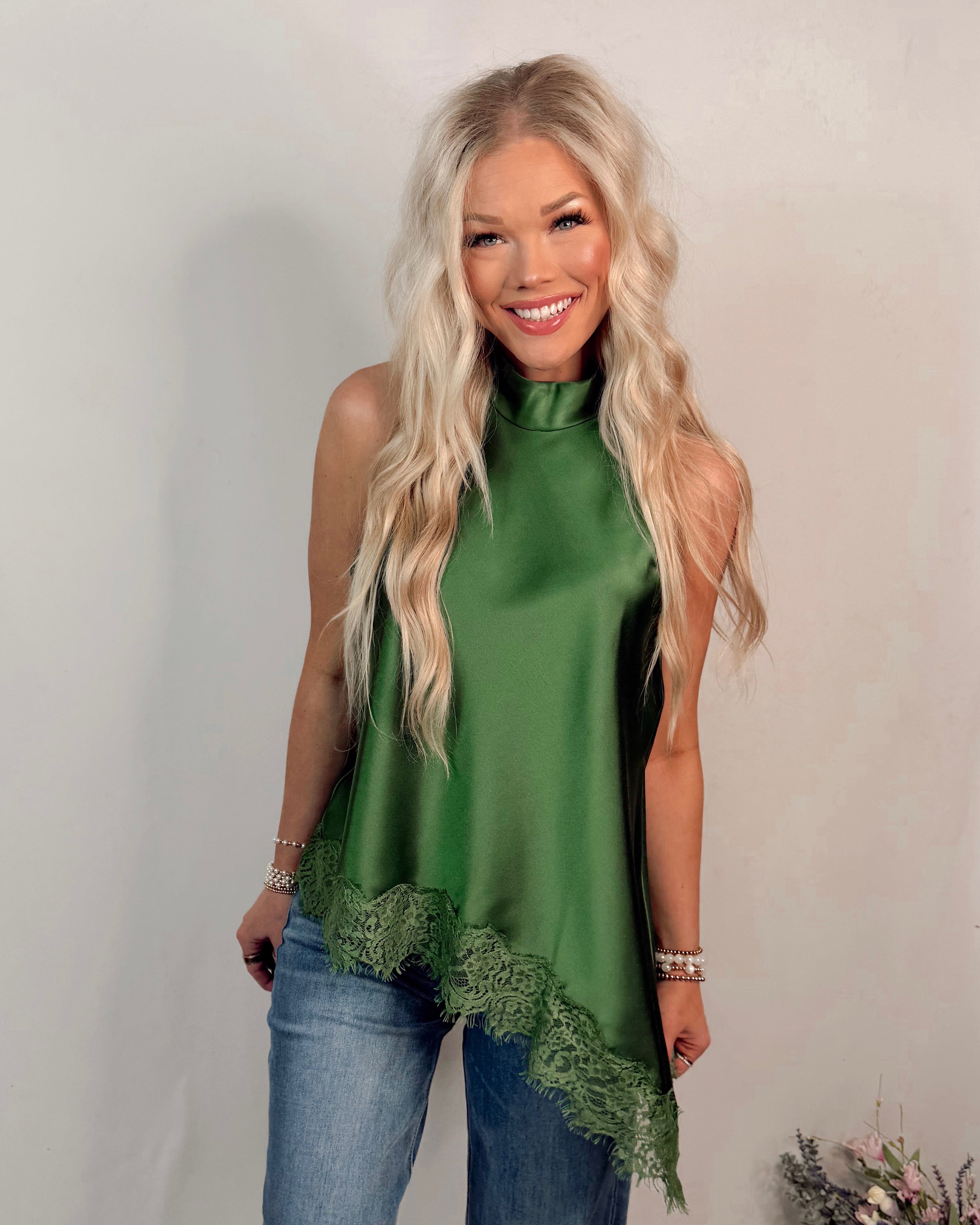 Emerald Affair Lace Trim Halter Top - Pine