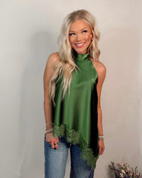 Emerald Affair Lace Trim Halter Top - Pine