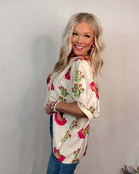 Color Me Bloom Floral Print V Neck Blouse - Cream