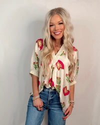 Color Me Bloom Floral Print V Neck Blouse - Cream