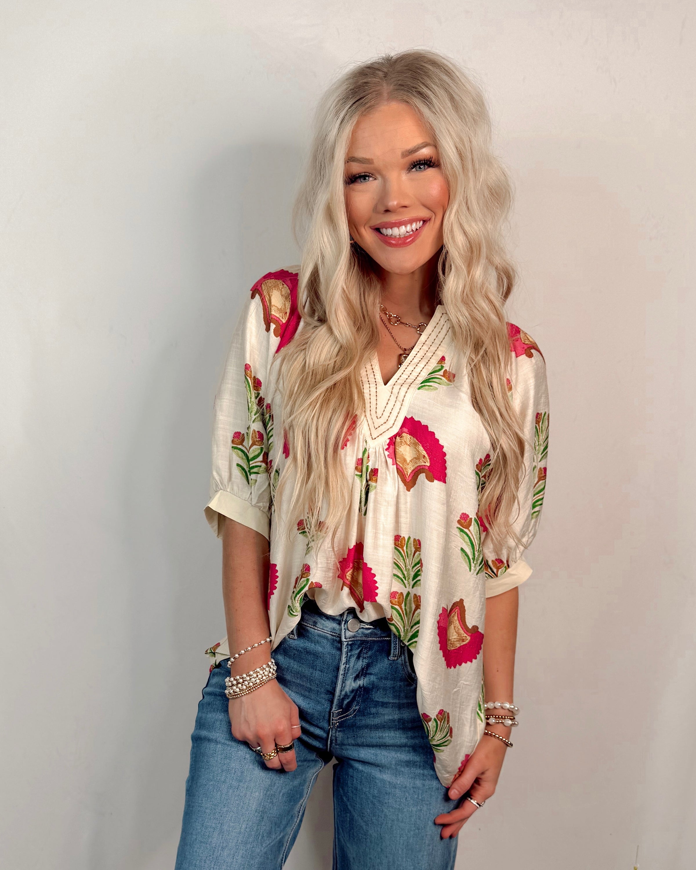 Color Me Bloom Floral Print V Neck Blouse - Cream