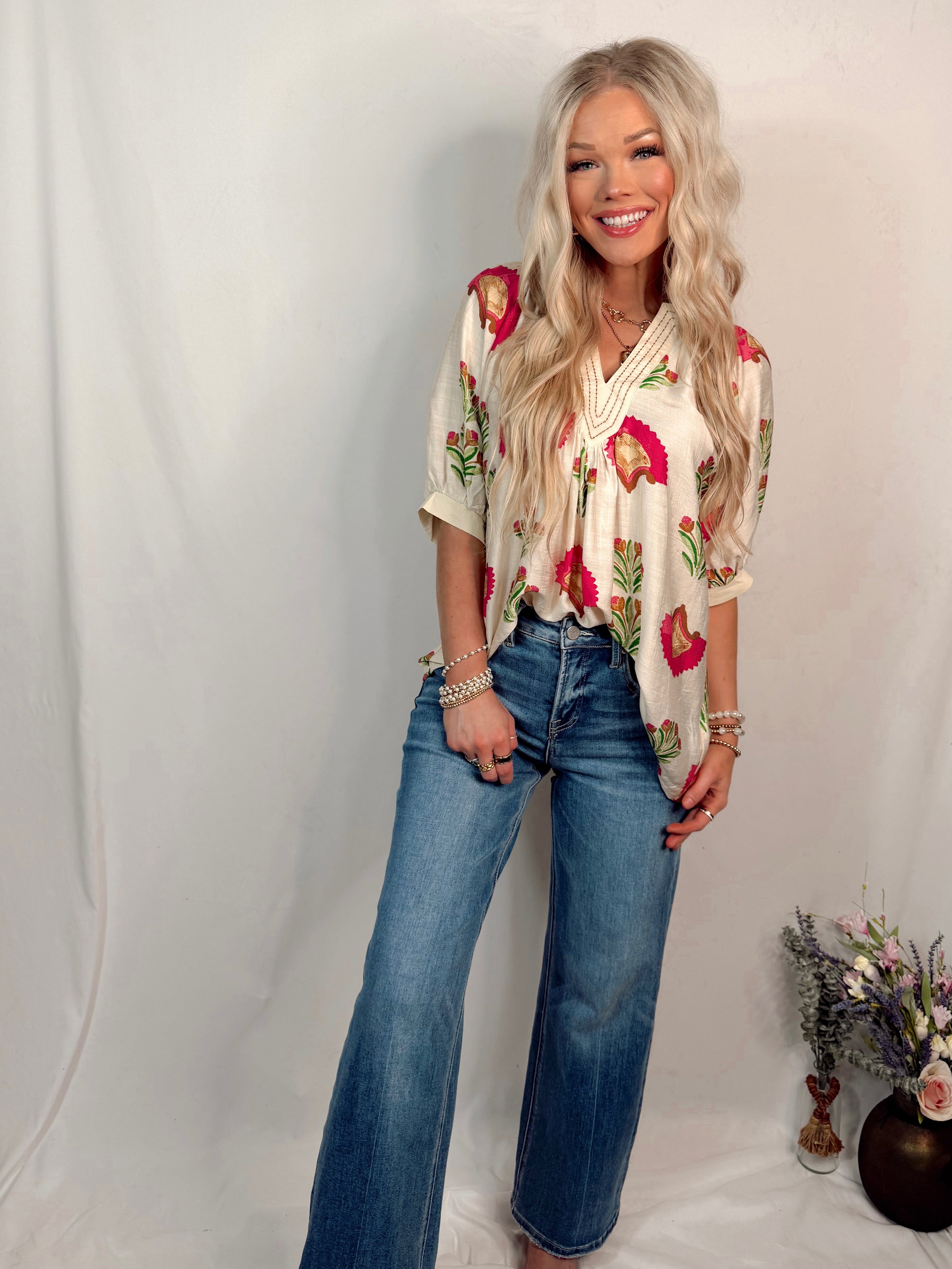 Color Me Bloom Floral Print V Neck Blouse - Cream