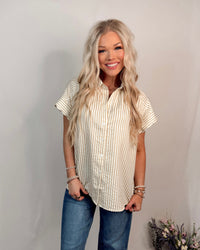 Bayside Brunch Striped Button Up Top - Latte