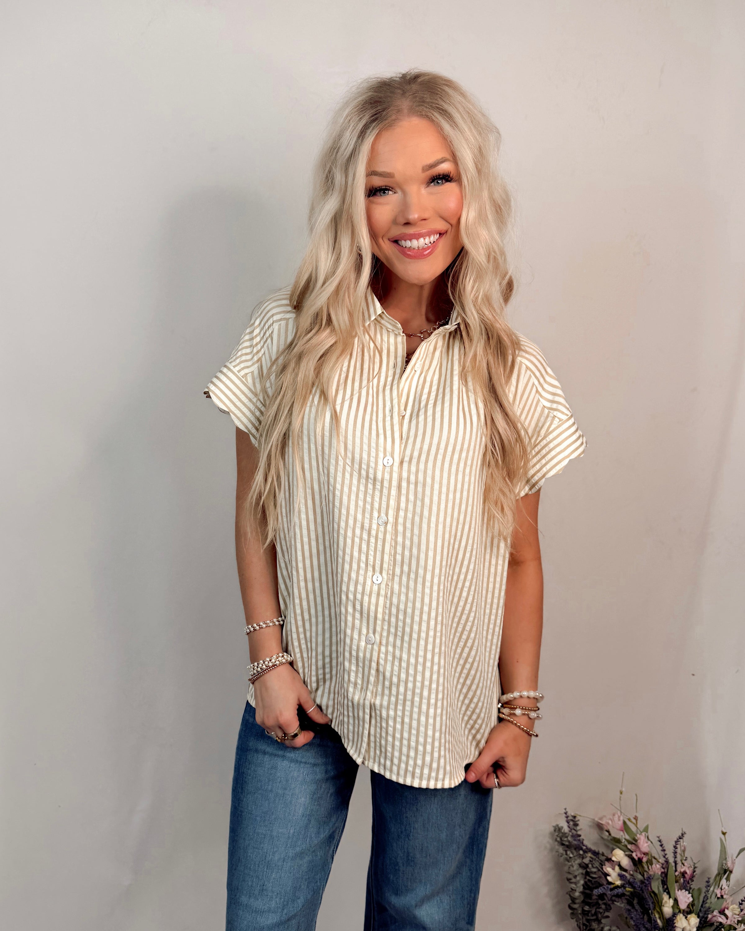 Bayside Brunch Striped Button Up Top - Latte