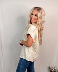 Bayside Brunch Striped Button Up Top - Latte