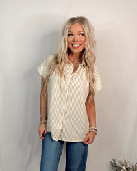 Bayside Brunch Striped Button Up Top - Latte
