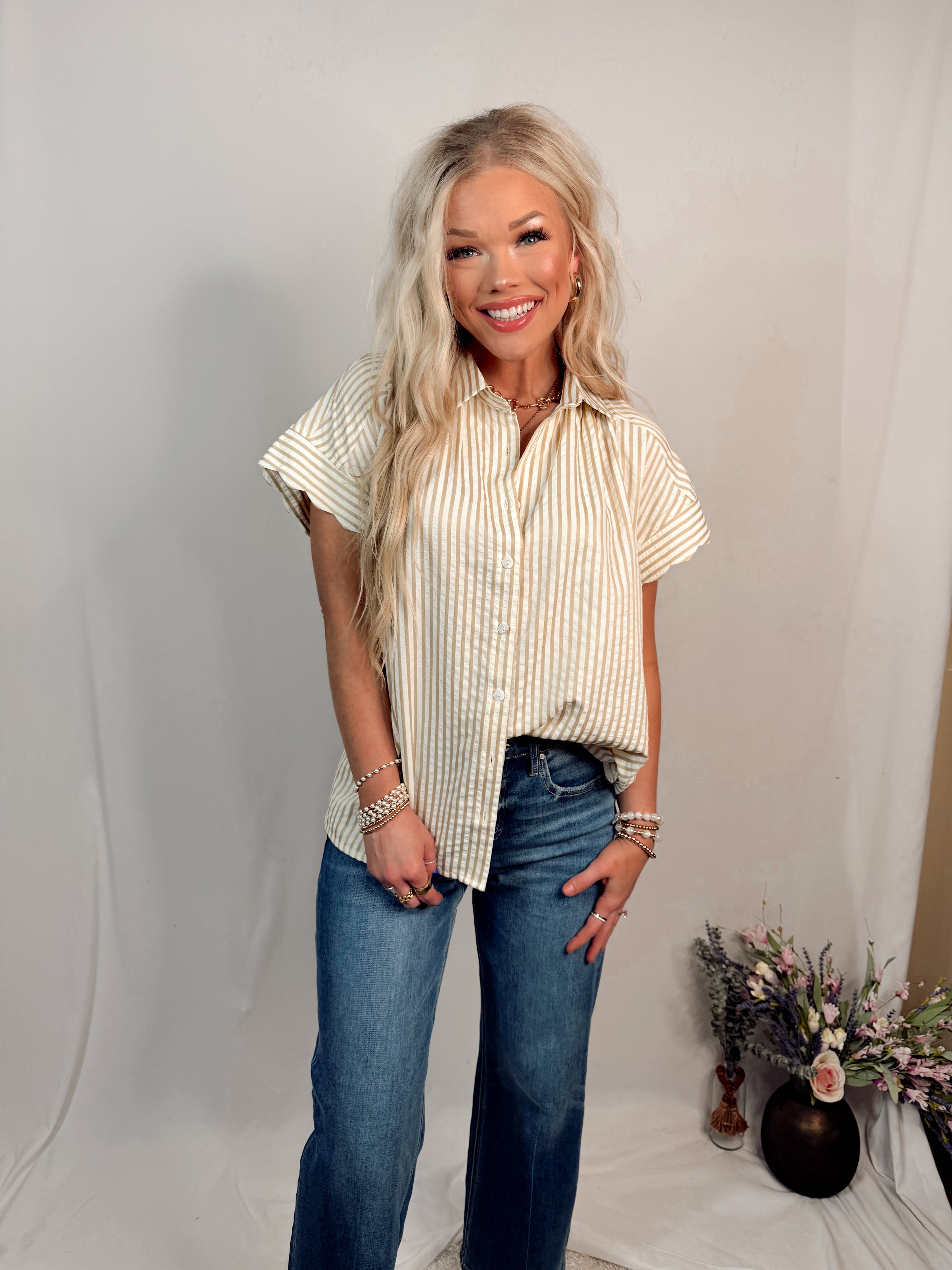 Bayside Brunch Striped Button Up Top - Latte