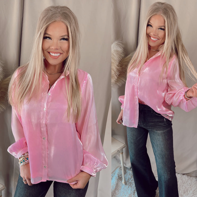 Sheer Elegance Shimmer Long Sleeve Blouse- Pink