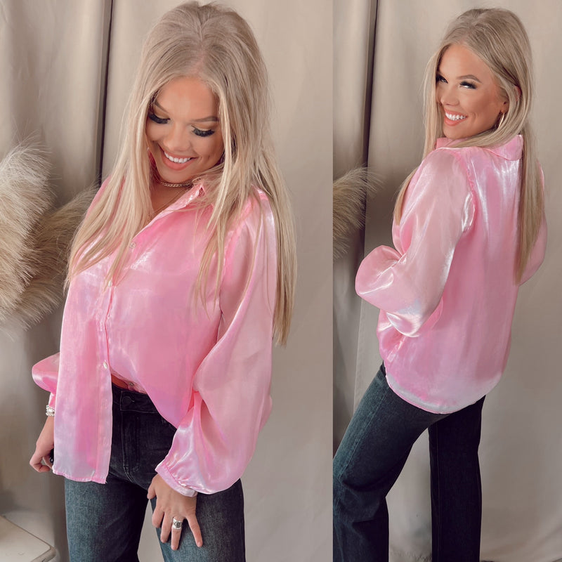 Sheer Elegance Shimmer Long Sleeve Blouse- Pink
