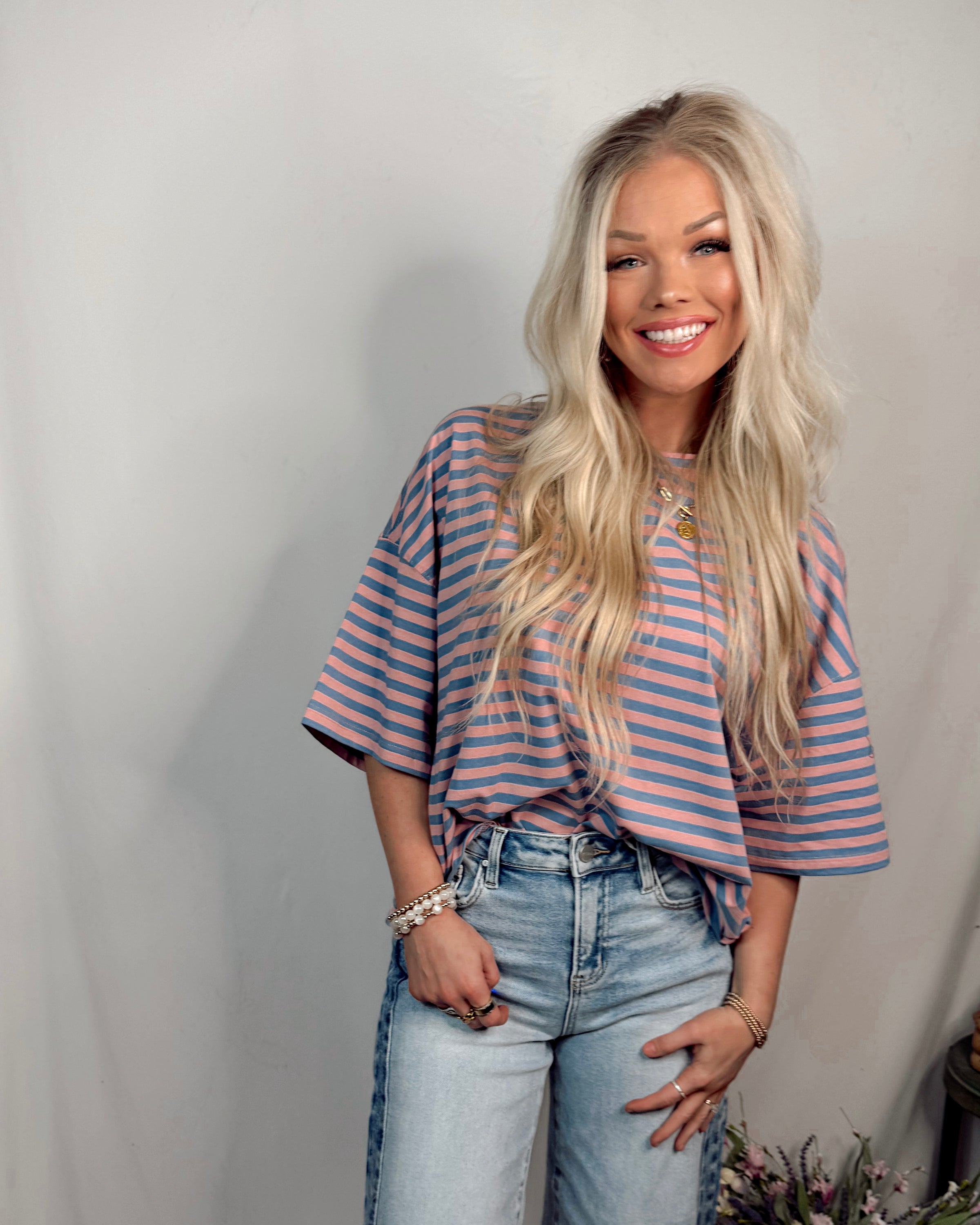 Oversized Striped Boyfriend Tee - Rose