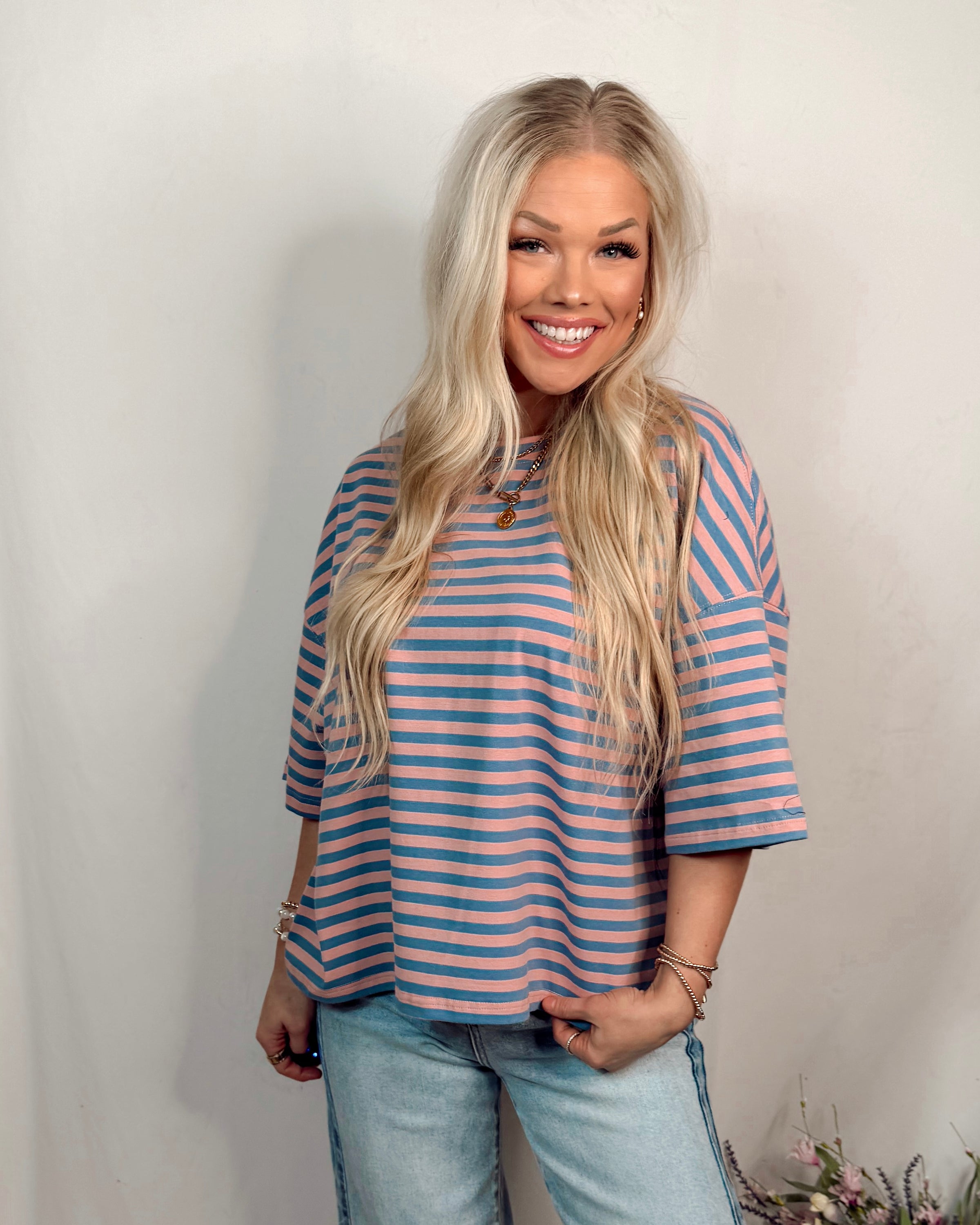 Oversized Striped Boyfriend Tee - Rose